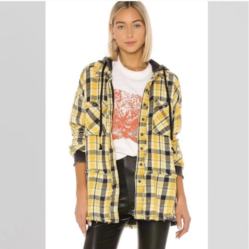 We The Free People Calico Basin Yellow Plaid Flannel Hooded Shirt Jacket Medium